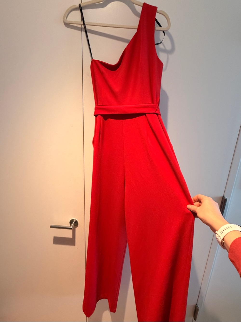 Calvin Klein One-Shoulder Red Jumpsuit with Wide Leg